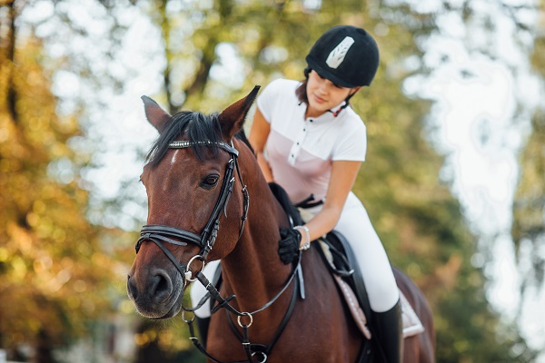 Equitation et périnée : comment se protéger,  jeune fille jockey chevauchant un beau cheval brun 
