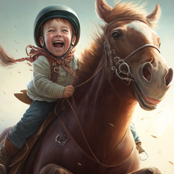 Age minimum pour monter à cheval, dans cette image, un enfant heureux sur son cheval.